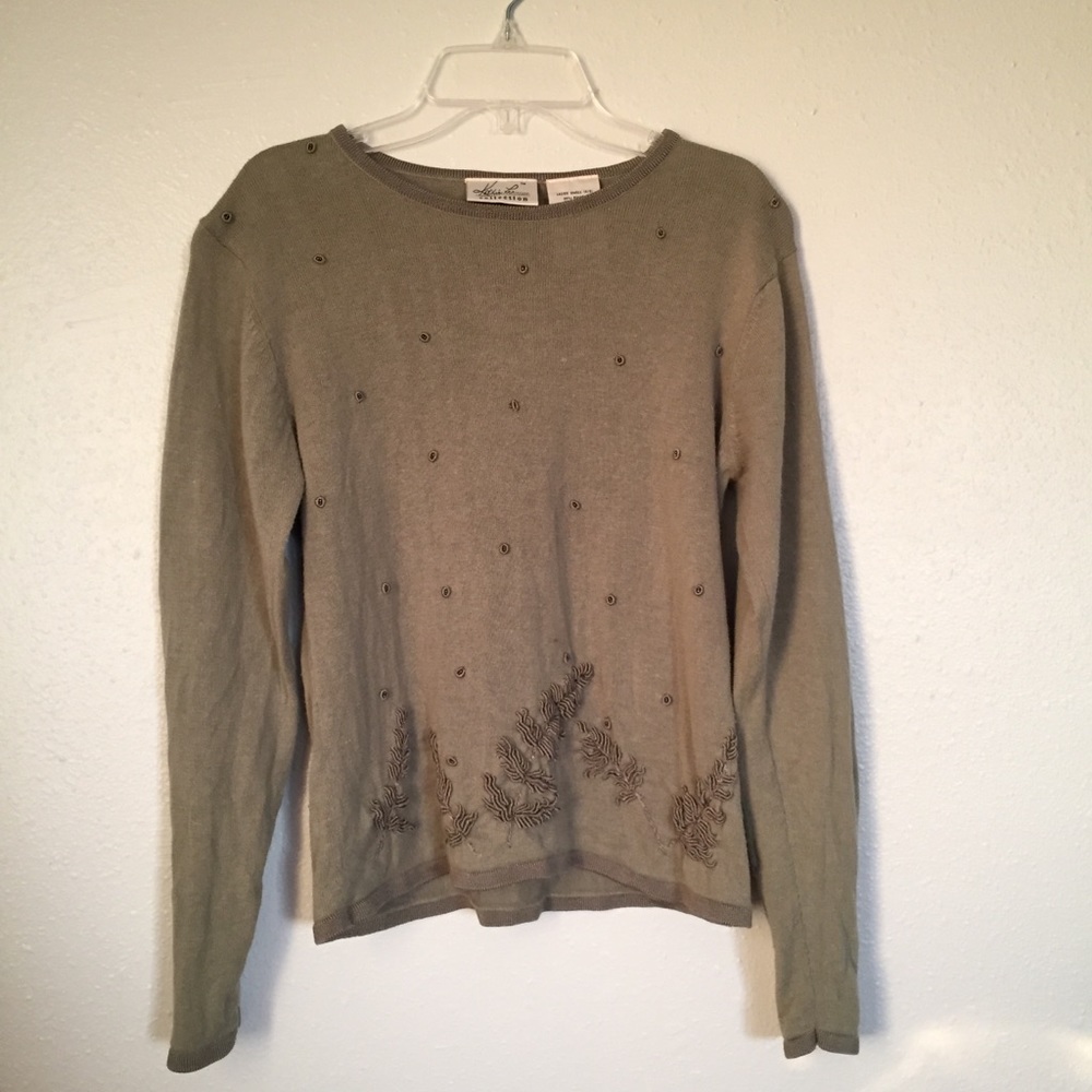 Olive green embroidered beaded detail sweater size small | Kathie Lee Collection